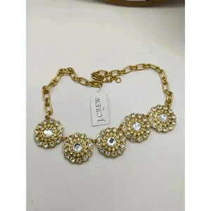 NWT J.Crew Gold Tone Crystal Circle Statement Necklace Rhinestone Floral Design